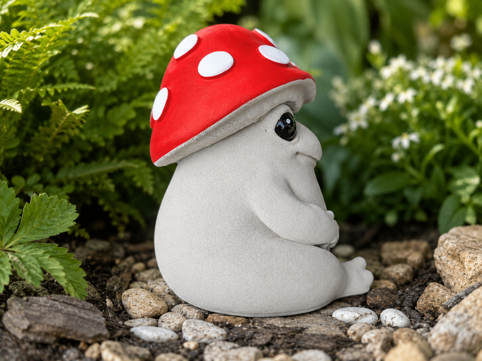 Side view of Mallowcap garden ornament showing red mushroom cap and seated cast stone body