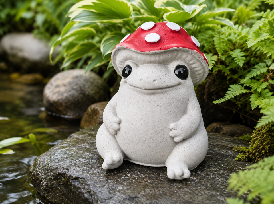Mallowcap cast stone frog creature garden sculpture sitting on a mossy stone beside water