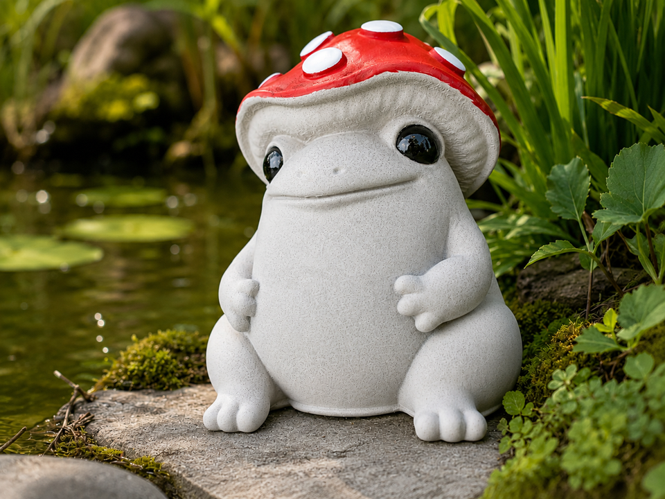 Three-quarter view of Mallowcap mushroom frog statue with red cap in a pond garden scene