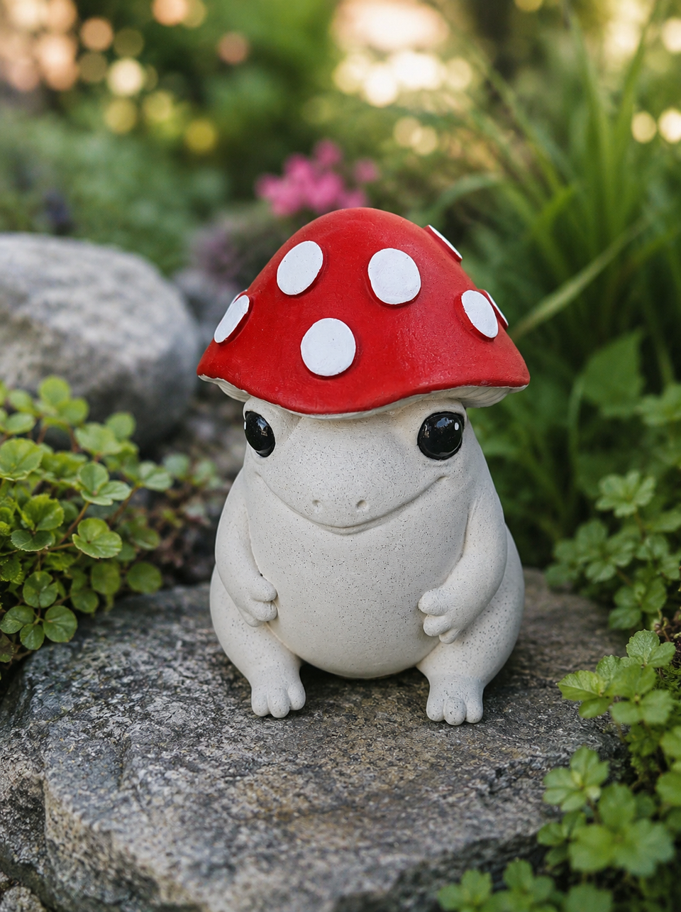 Portrait view of Mallowcap mushroom frog garden ornament with red cap and white spots