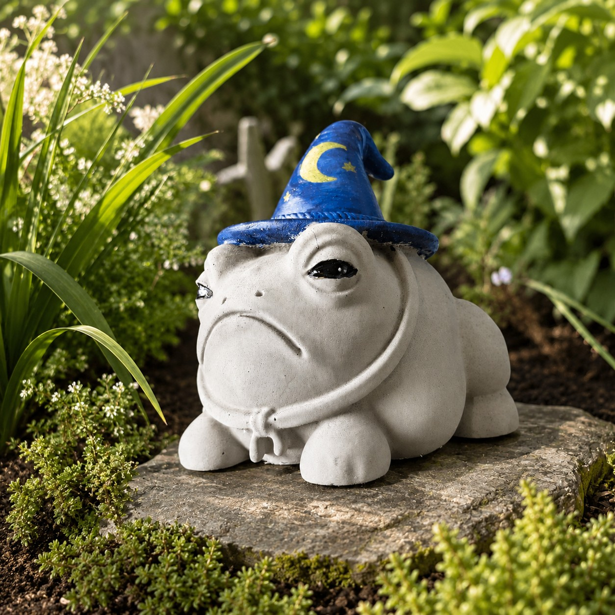 Professor Grumbletoad cast stone wizard frog garden ornament with blue moon hat