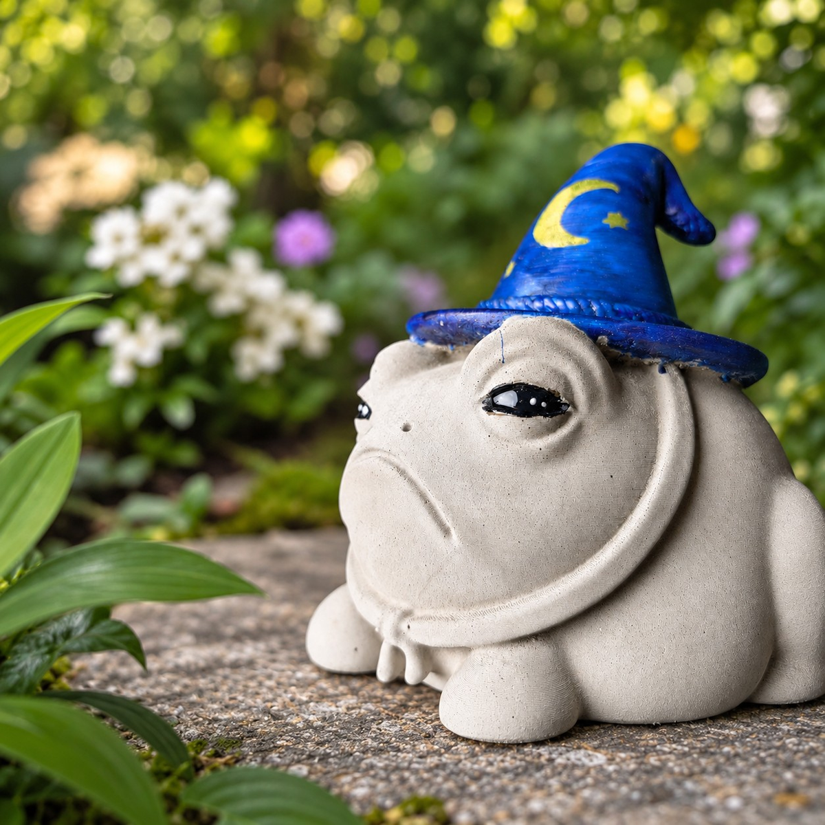 Close-up of Professor Grumbletoad wizard frog face and blue moon hat