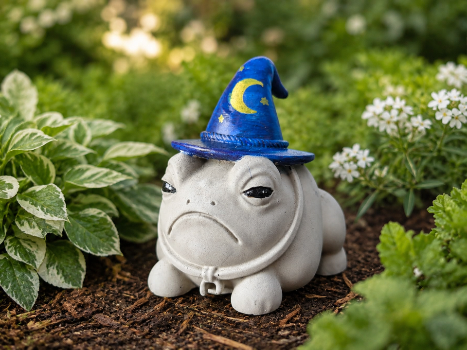 Professor Grumbletoad grumpy frog ornament sitting among garden plants