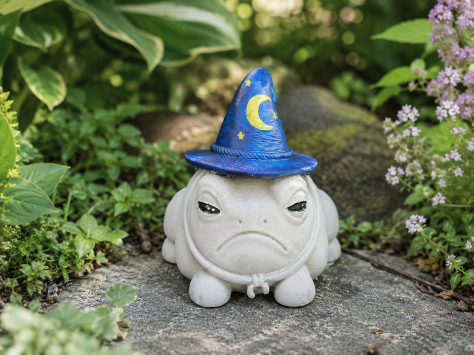 Front view of Professor Grumbletoad wizard frog statue with blue hat and frowning face