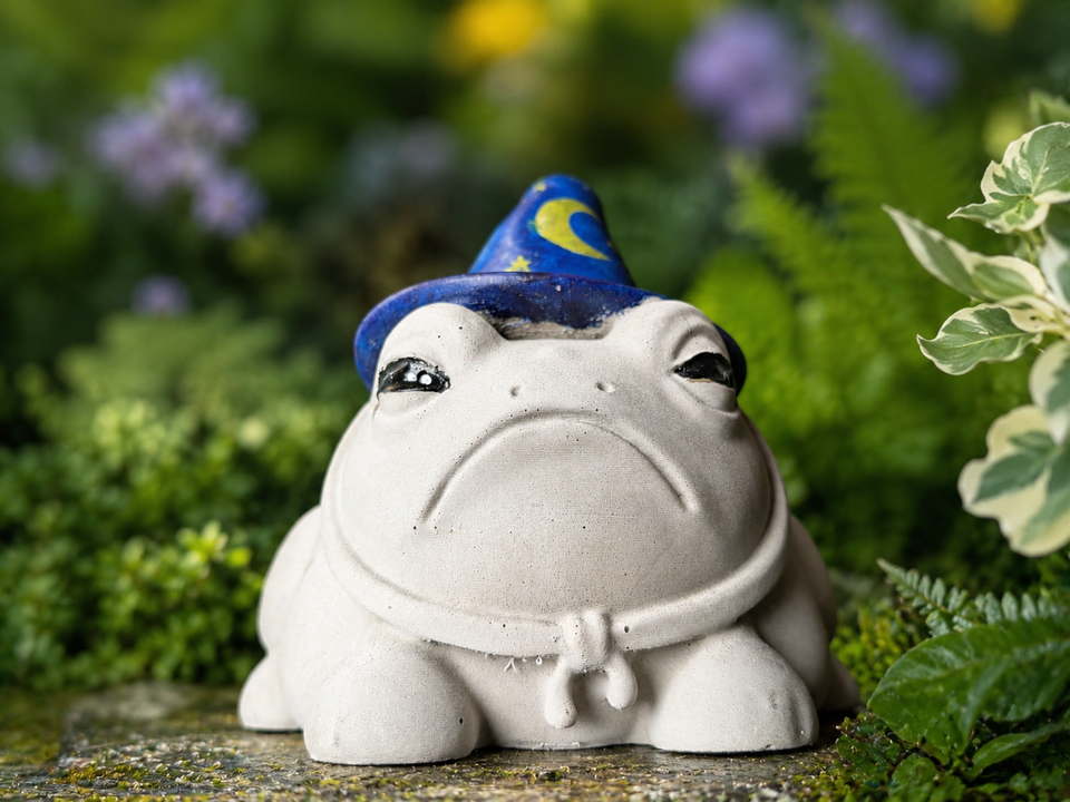 Close front detail of Professor Grumbletoad cast stone frog garden sculpture