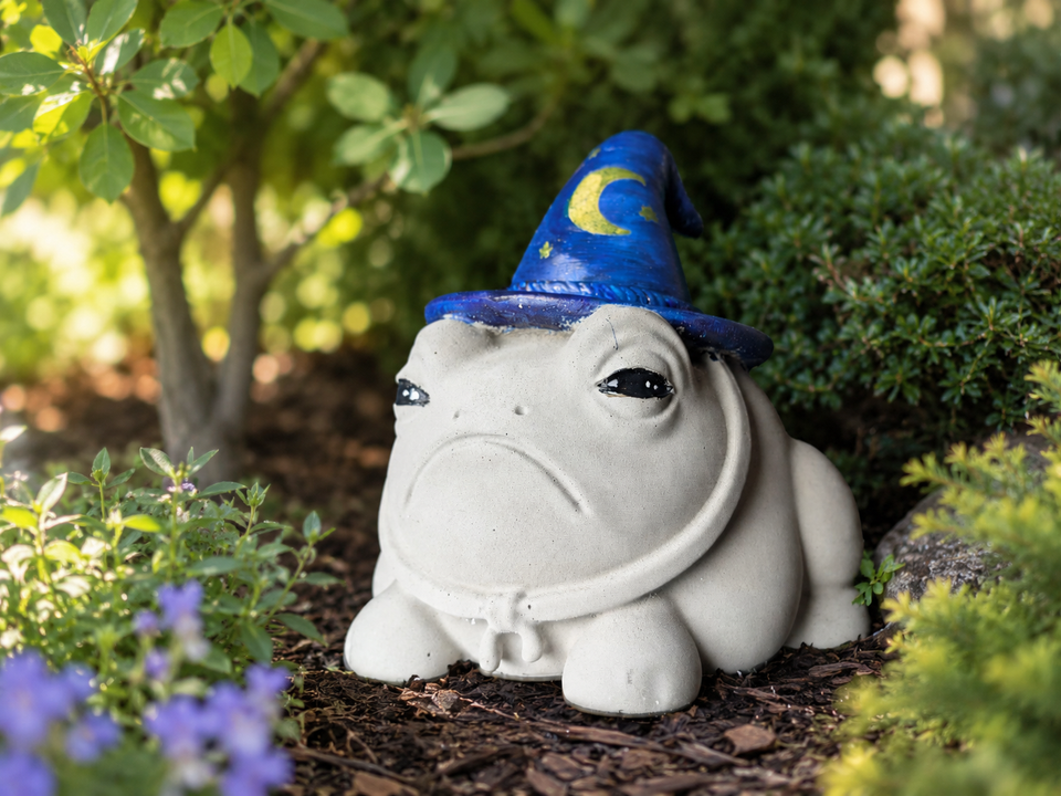 Professor Grumbletoad garden ornament with blue wizard hat in a planted border