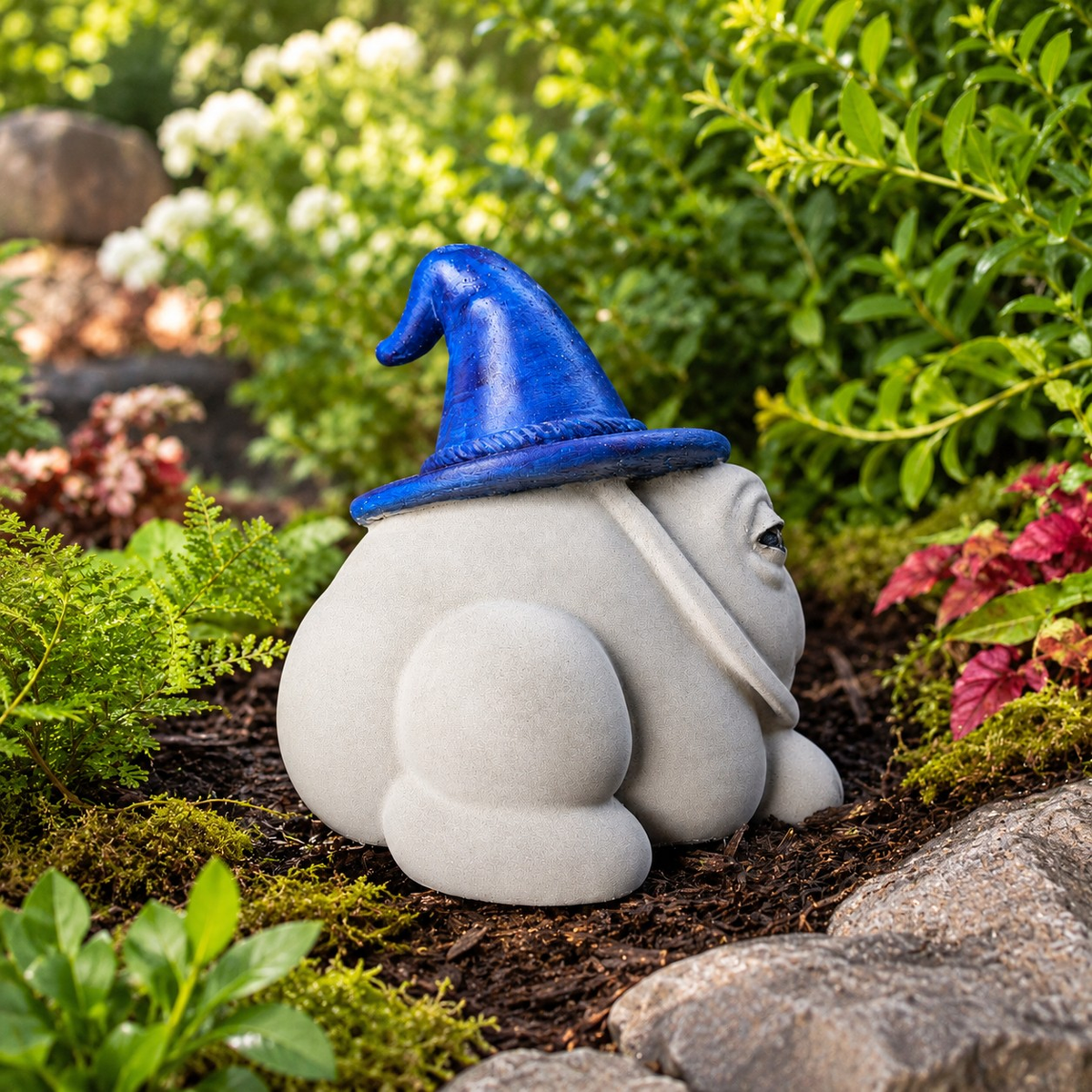 Back view of Professor Grumbletoad cast stone garden frog with blue hat