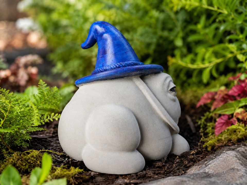 Back view of Professor Grumbletoad cast stone garden frog with blue hat