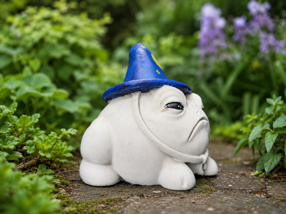 Side view of Professor Grumbletoad frog ornament with blue wizard hat