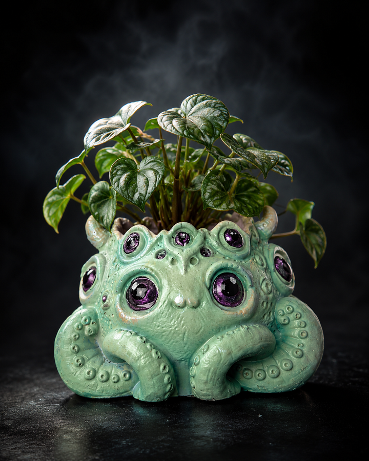 Noodle Keeper of the Houseplants cast stone many eyed tentacle plant pot with green houseplant