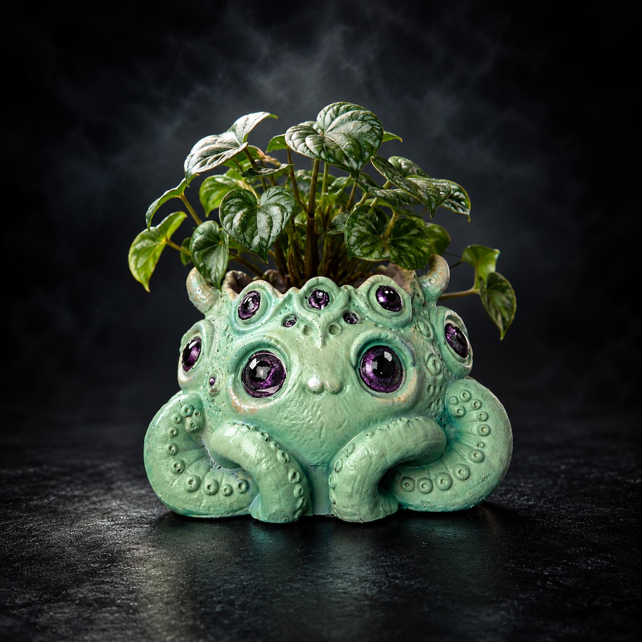Noodle Keeper of the Houseplants cast stone many eyed tentacle plant pot with green houseplant