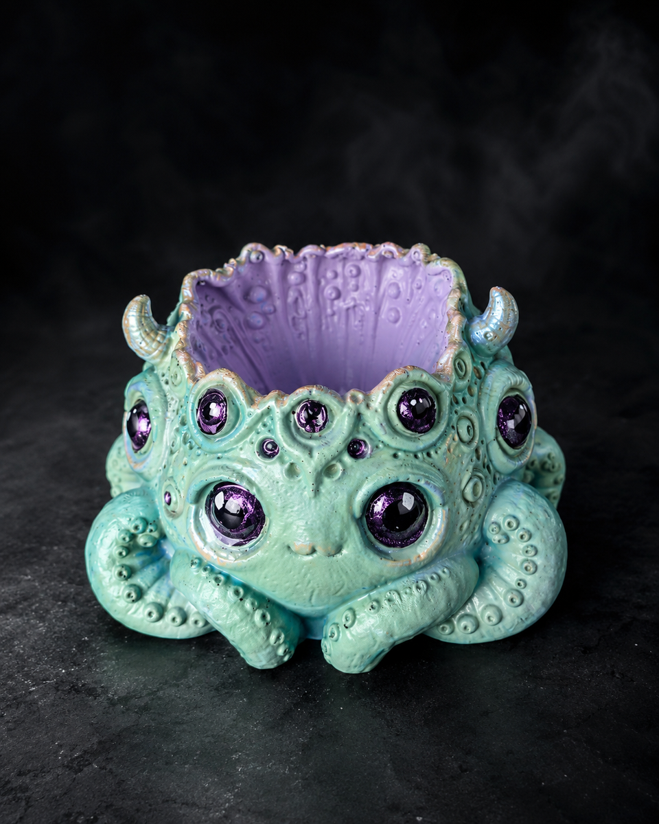 Noodle many eyed monster plant pot showing purple interior and tentacle detail