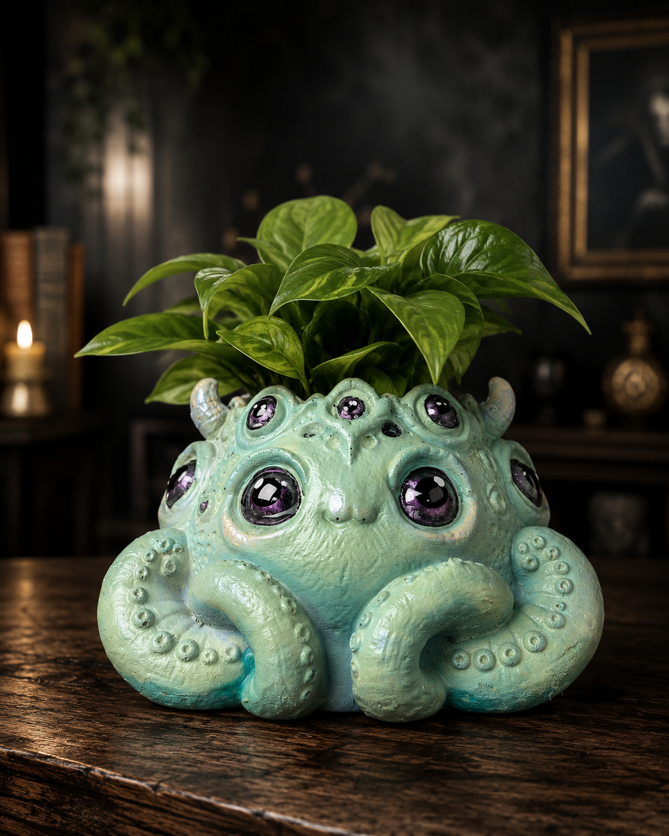 Noodle cosmic horror plant pot styled indoors with a green houseplant