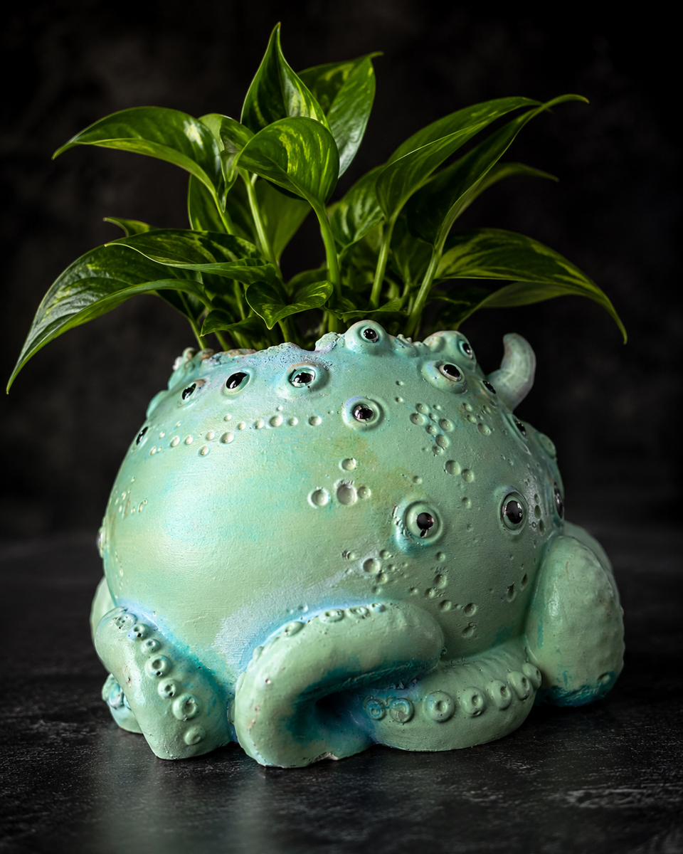 Back view of Noodle cast stone tentacle plant pot with raised eye detail