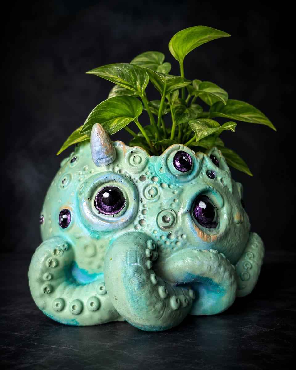 Side angle of Noodle many eyed monster planter with curled tentacles