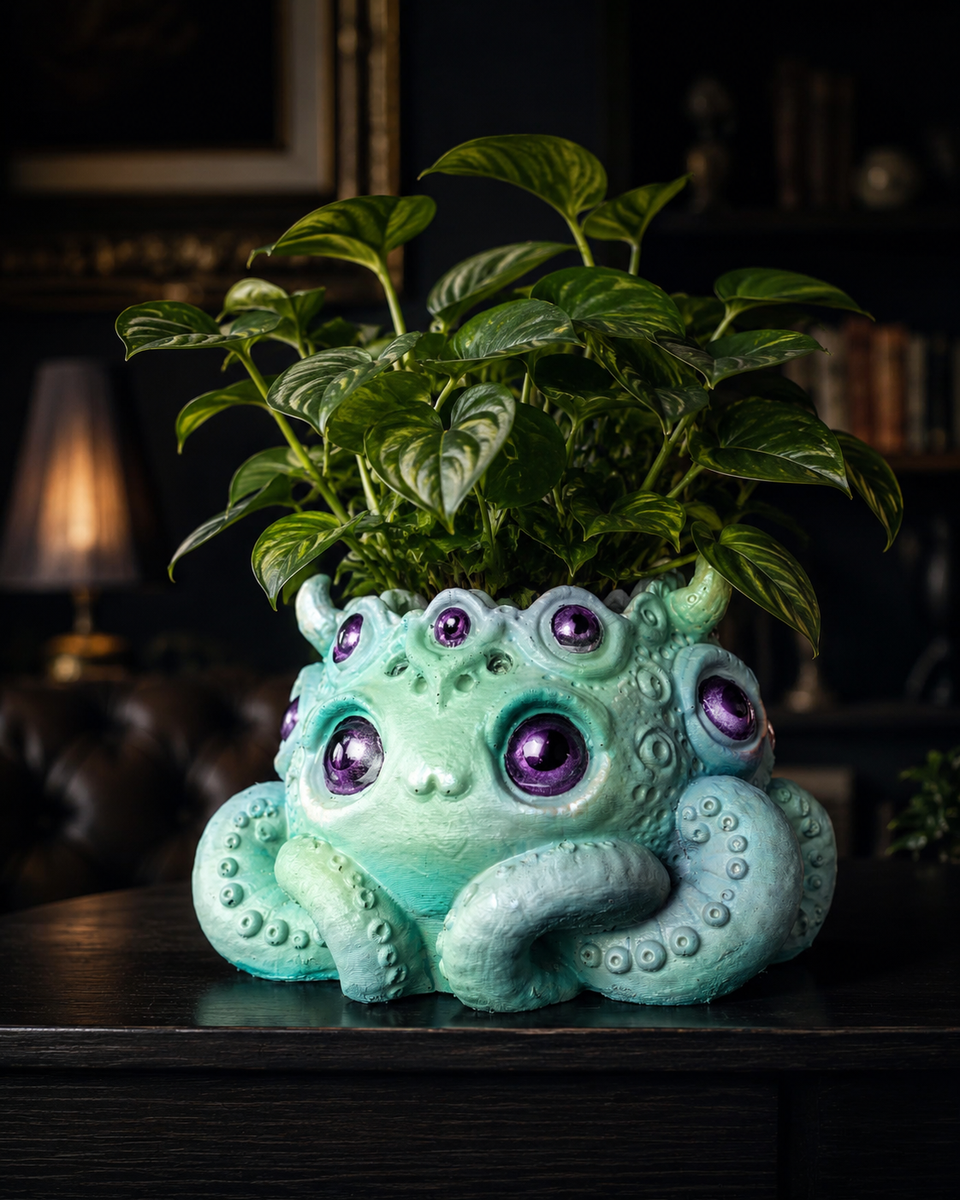 Noodle tentacle plant pot in a dark home decor setting with houseplant