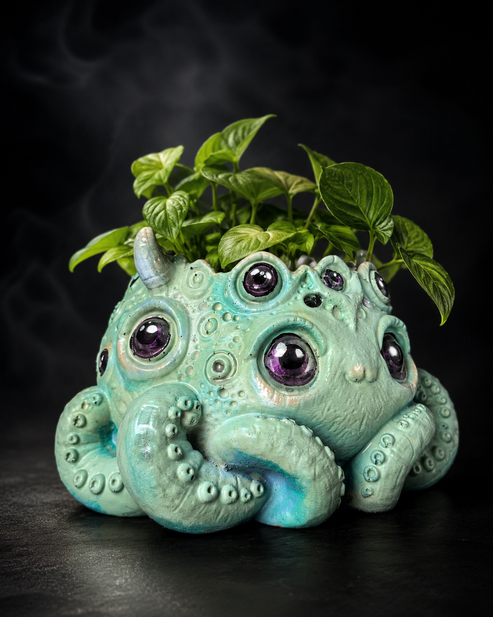 Angled view of Noodle cosmic horror plant pot with mint green finish