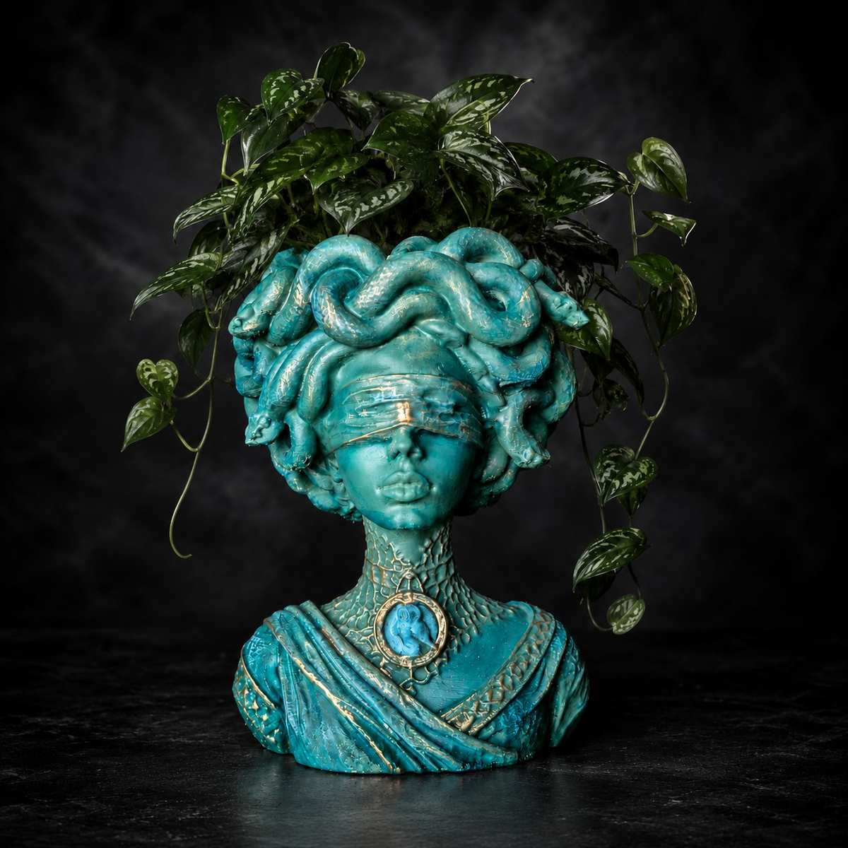 Medusa Still Standing blindfolded cast stone Medusa plant pot with trailing green houseplant