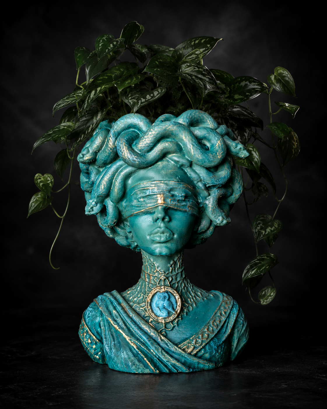 Medusa Still Standing blindfolded cast stone Medusa plant pot with trailing green houseplant