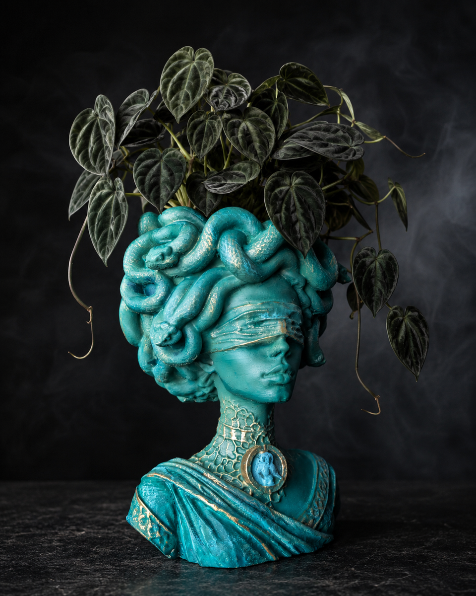 Side view of Medusa Still Standing teal and gold snake head planter with dark foliage