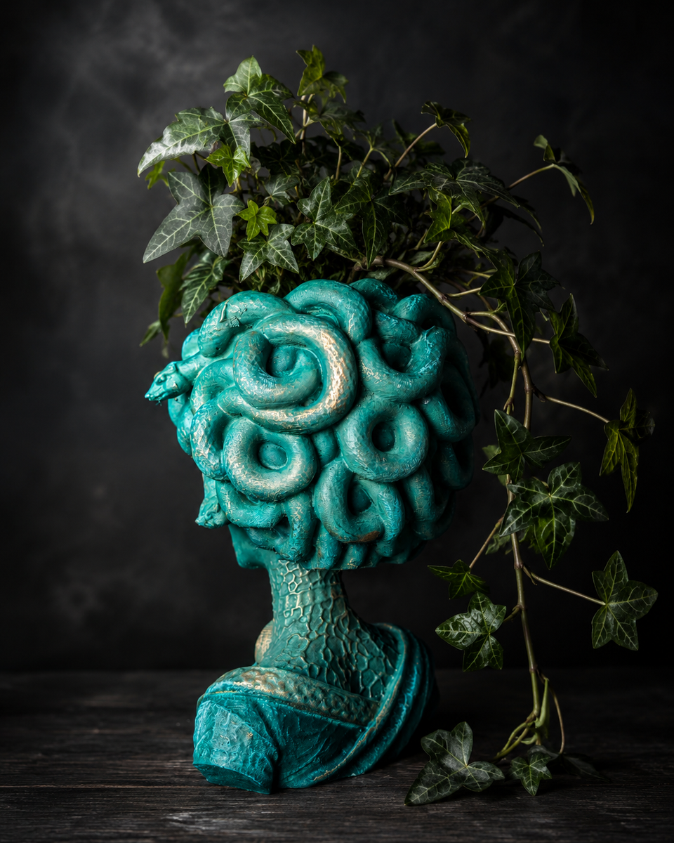 Back view of Medusa Still Standing cast stone planter with sculpted snake hair