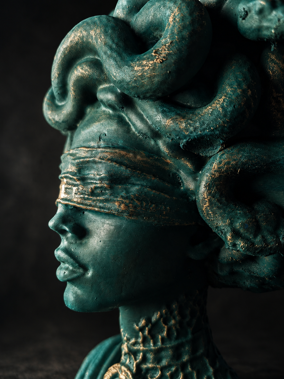 Close-up of Medusa Still Standing blindfold and snake detail with antique gold highlights