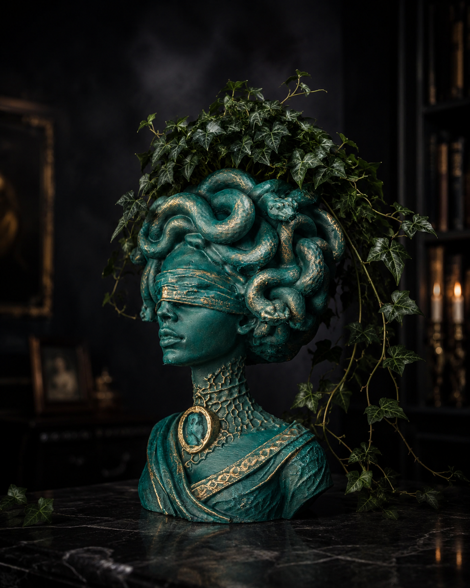 Medusa Still Standing styled indoors as a gothic Medusa head planter with trailing ivy