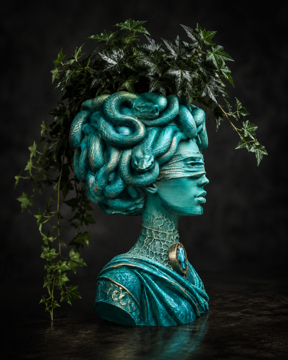 Profile view of Medusa Still Standing blindfolded Medusa planter with snake hair detail