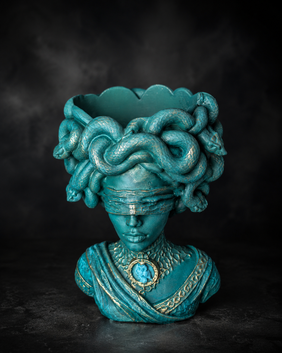 Open top view of Medusa Still Standing plant pot showing planter cavity and snake crown
