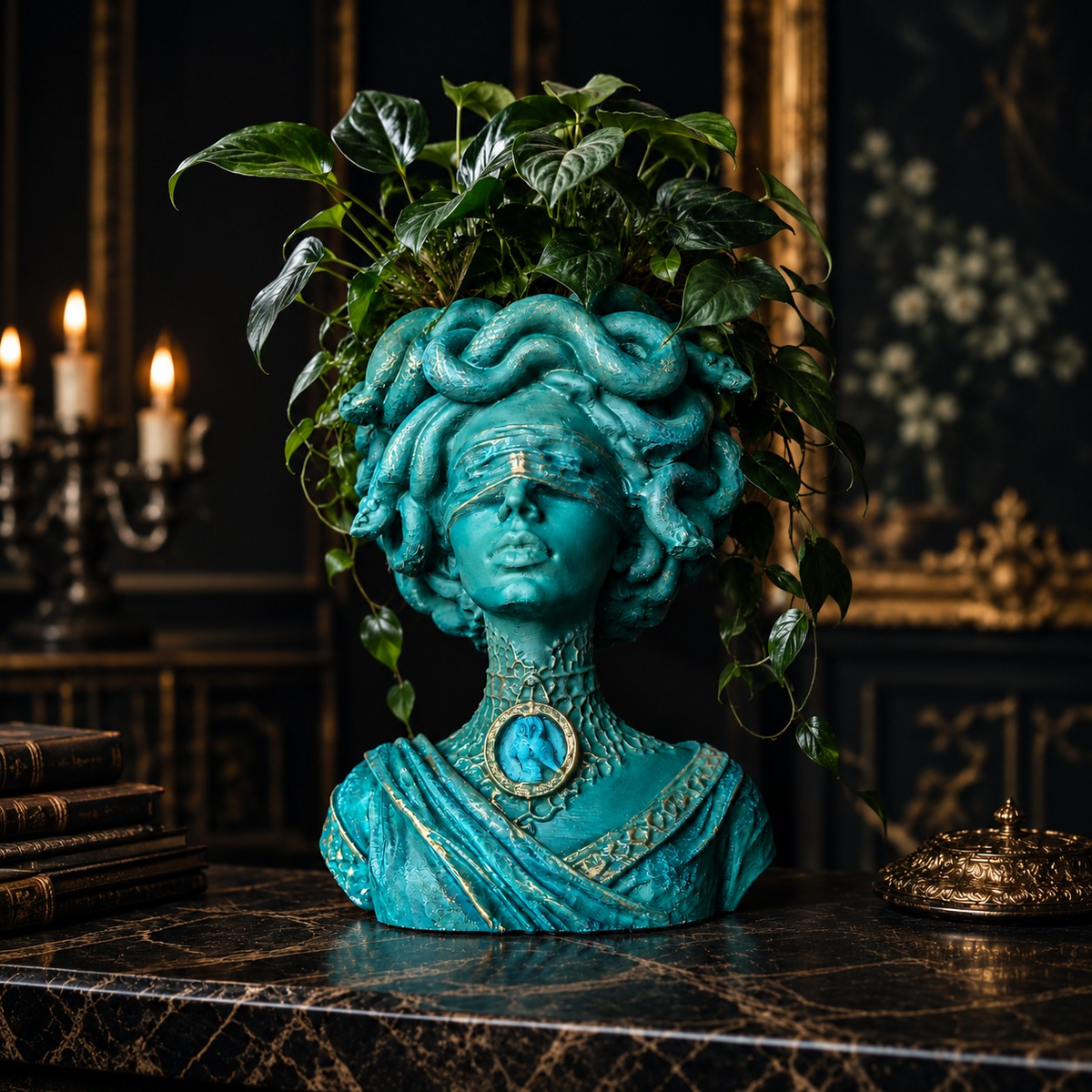 Medusa Still Standing teal Medusa bust plant pot in dark gothic room styling