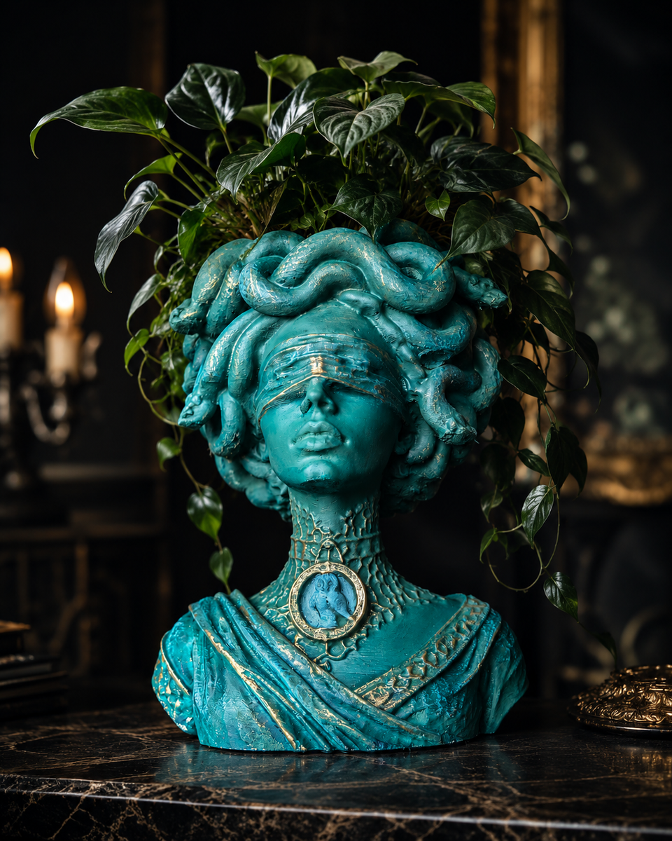 Medusa Still Standing teal Medusa bust plant pot in dark gothic room styling