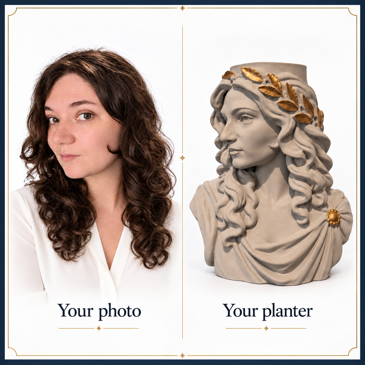 Original portrait beside the finished custom planter