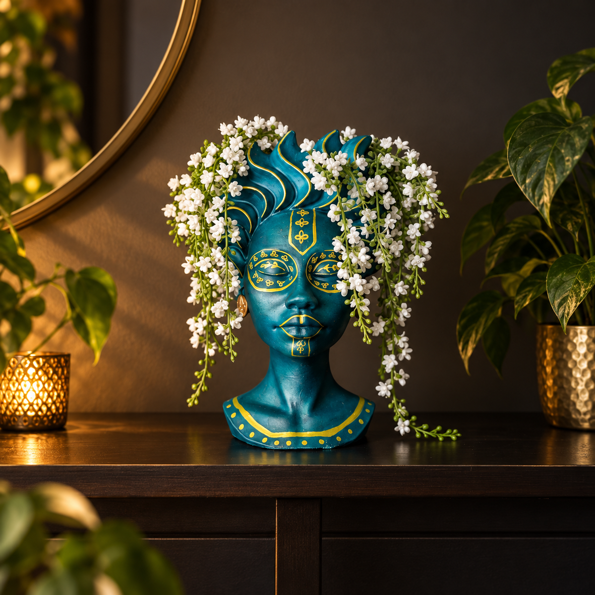 Teal & gold head planter
