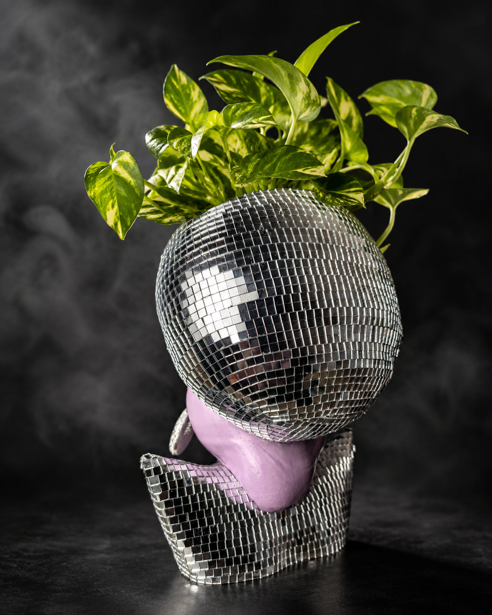 Front studio view of Mother Mirrorball empty plant pot
