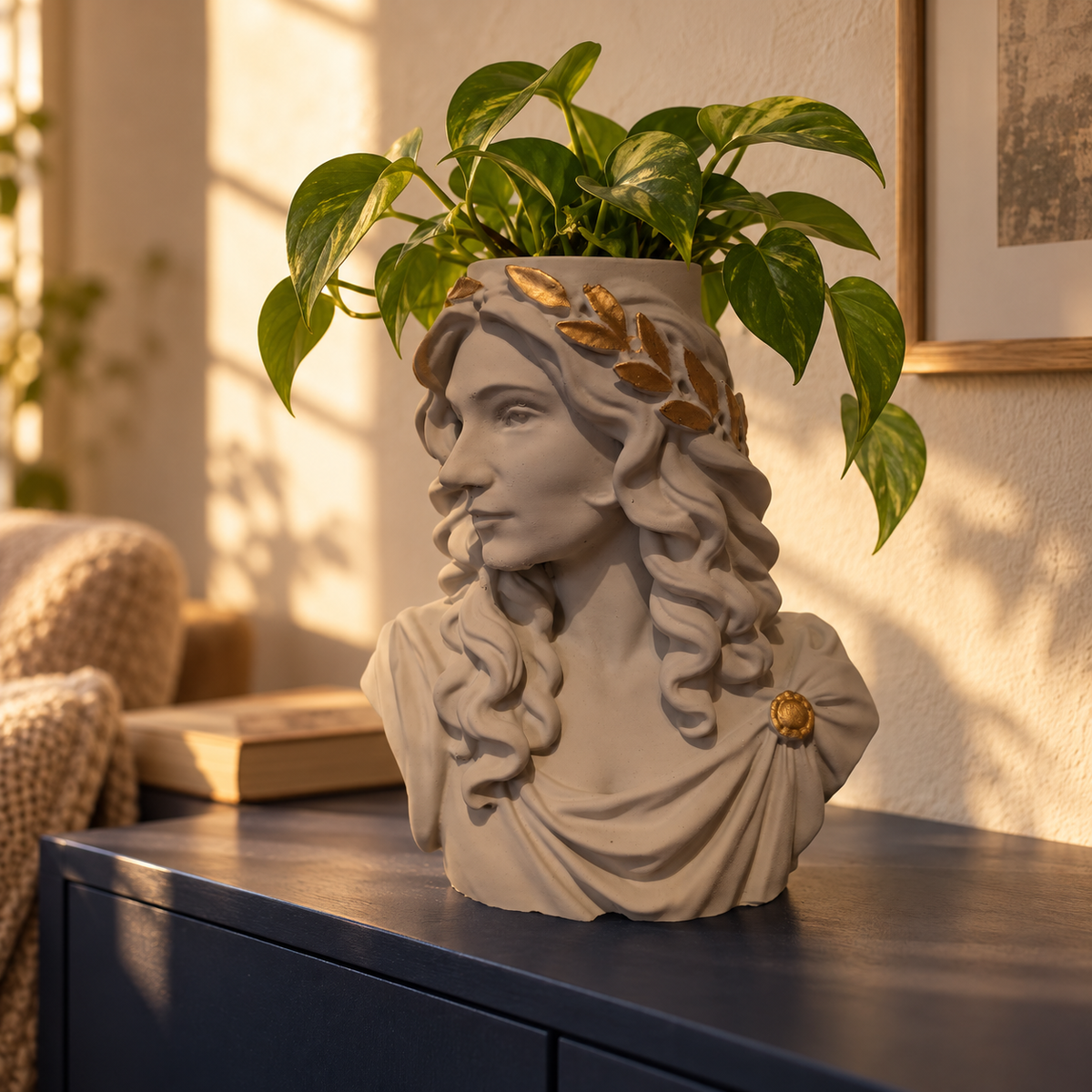 Custom portrait planter styled in a home