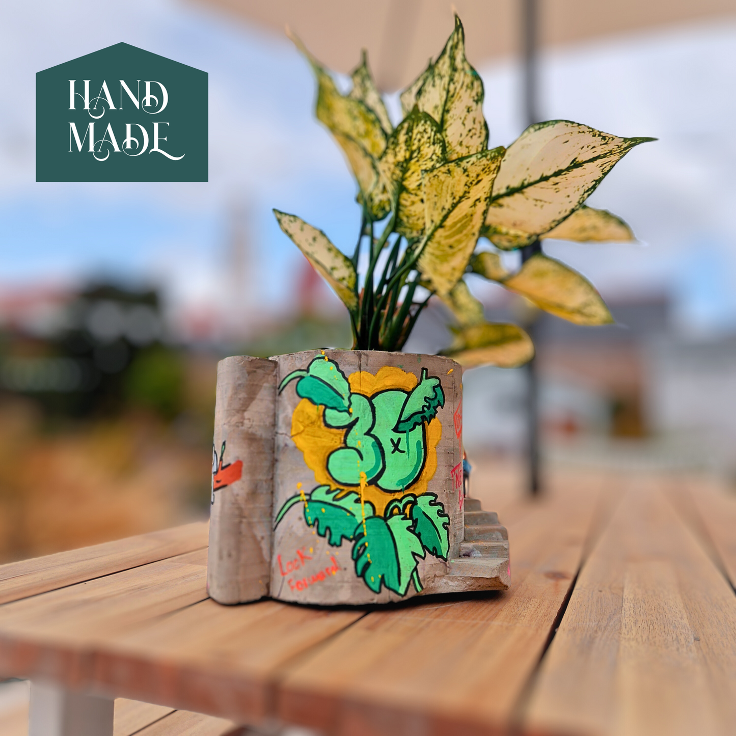 Statement Graffiti Planter Large - Personalised Art Pot - Miniature People Included - Stairs Desk Accessory - Street Art Birthday Gift