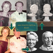 Two family photographs shown beside their finished custom portrait busts