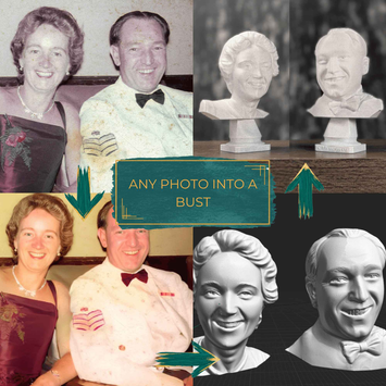 Two family photographs shown beside their finished custom portrait busts