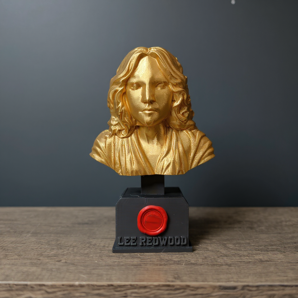 Personalised Gold Bust Trophy base and inscription detail