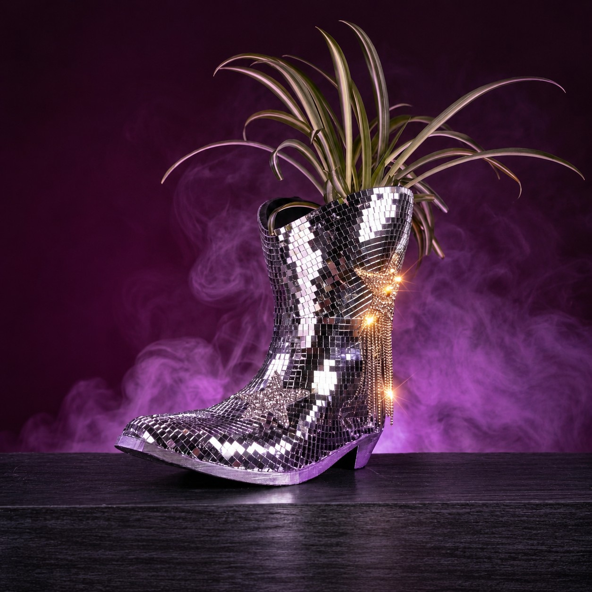 Mirror-tile cowboy boot planter with foliage and light glowing around its rhinestone star