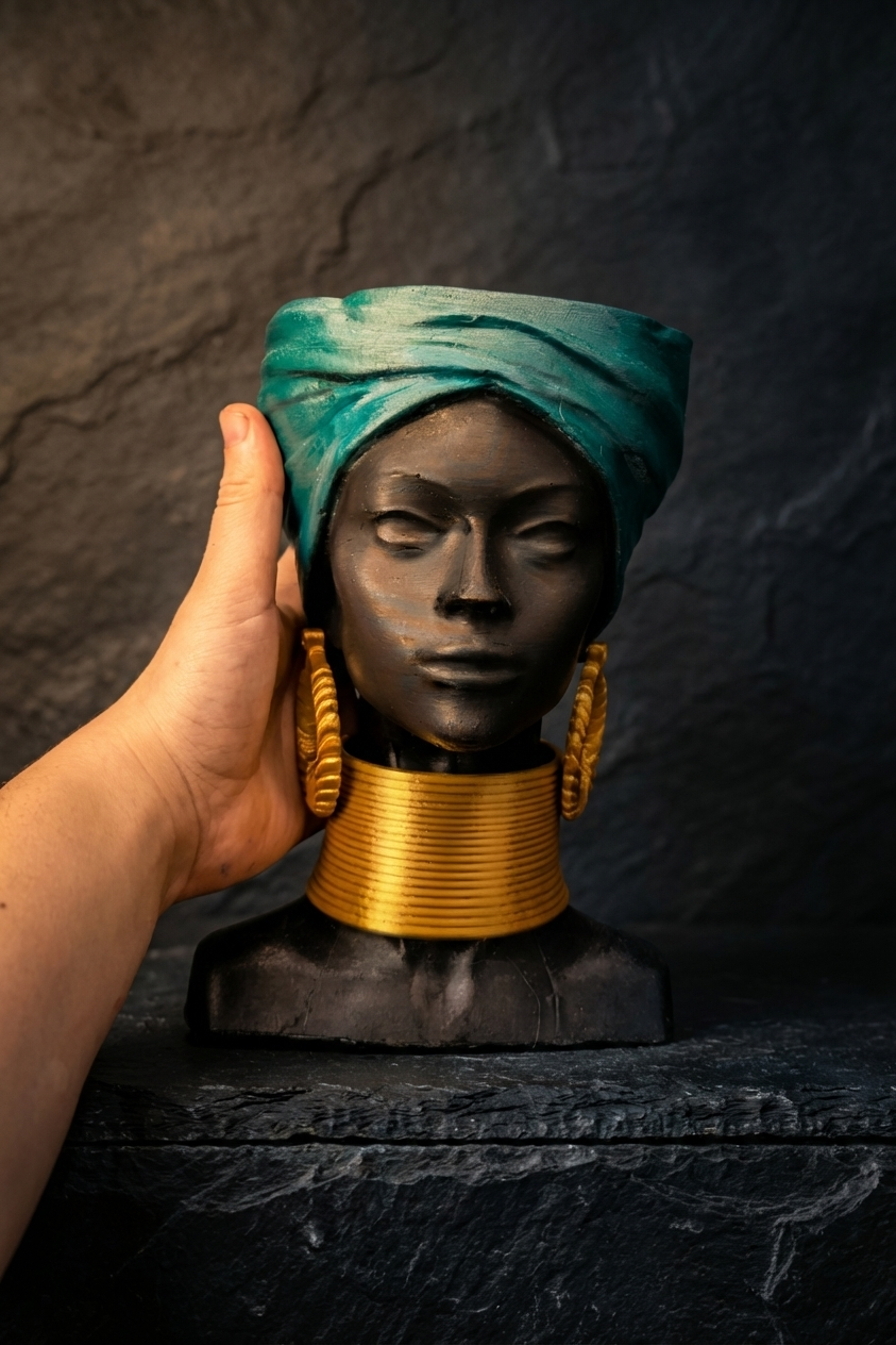 Golden Grace African Woman Head Planter - Studio hand scale