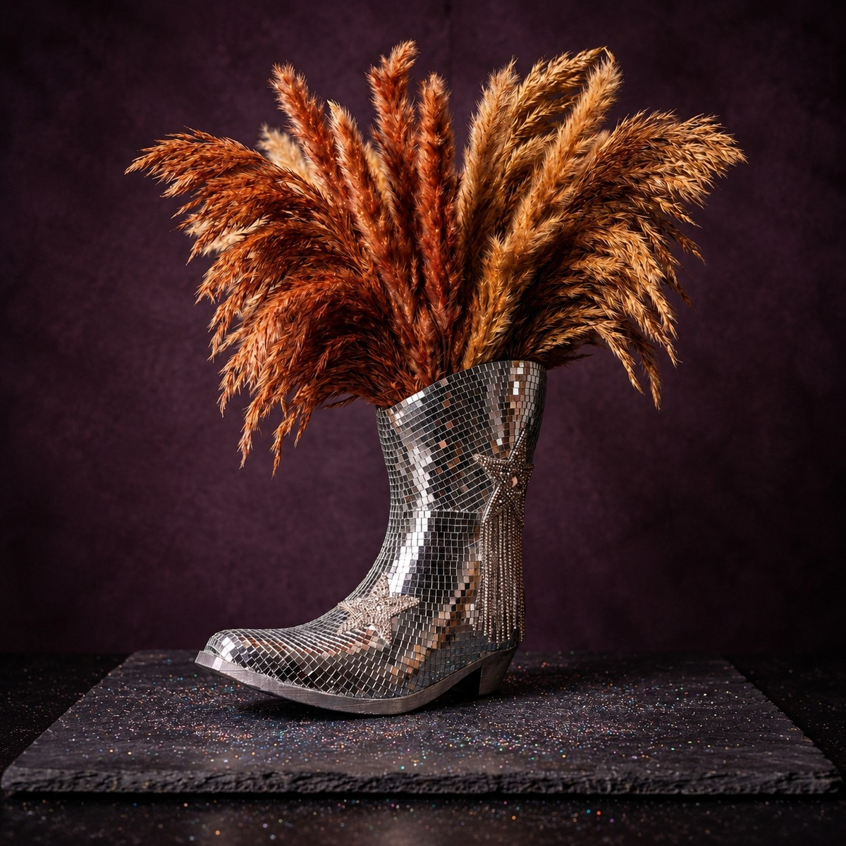 Mirror-tile cowboy boot filled with dried pampas grass on a dark studio floor