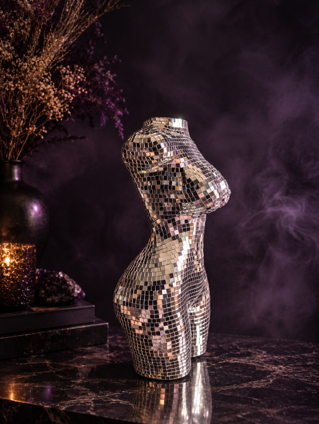 Side view of the mirror mosaic torso vase