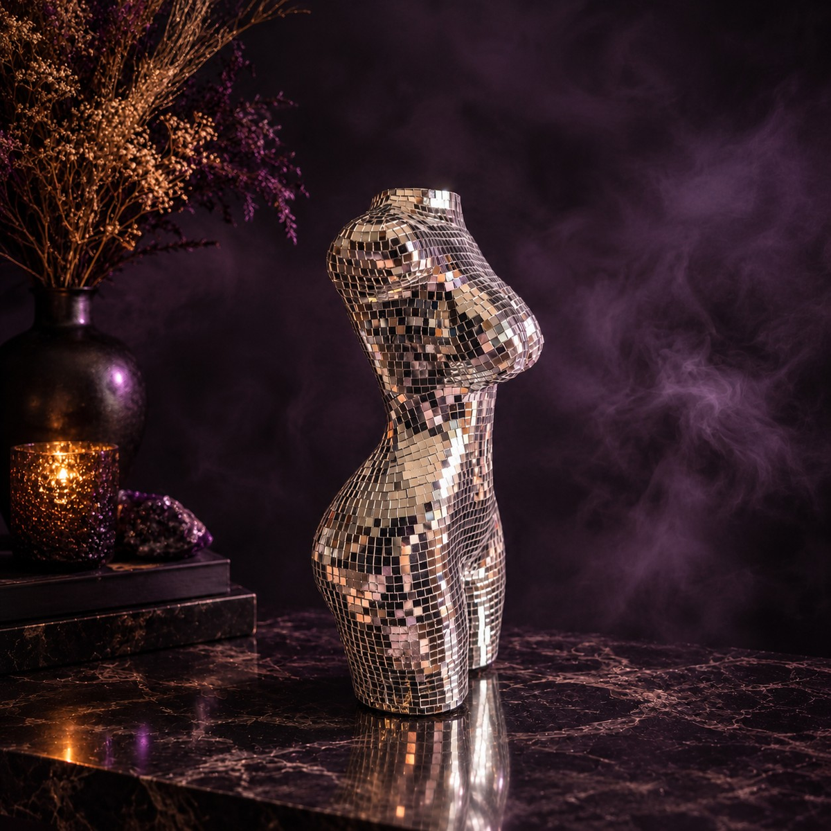 Side view of the mirror mosaic torso vase