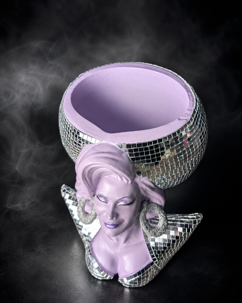 Top view of Mother Mirrorball showing the planter opening and sculpted bust