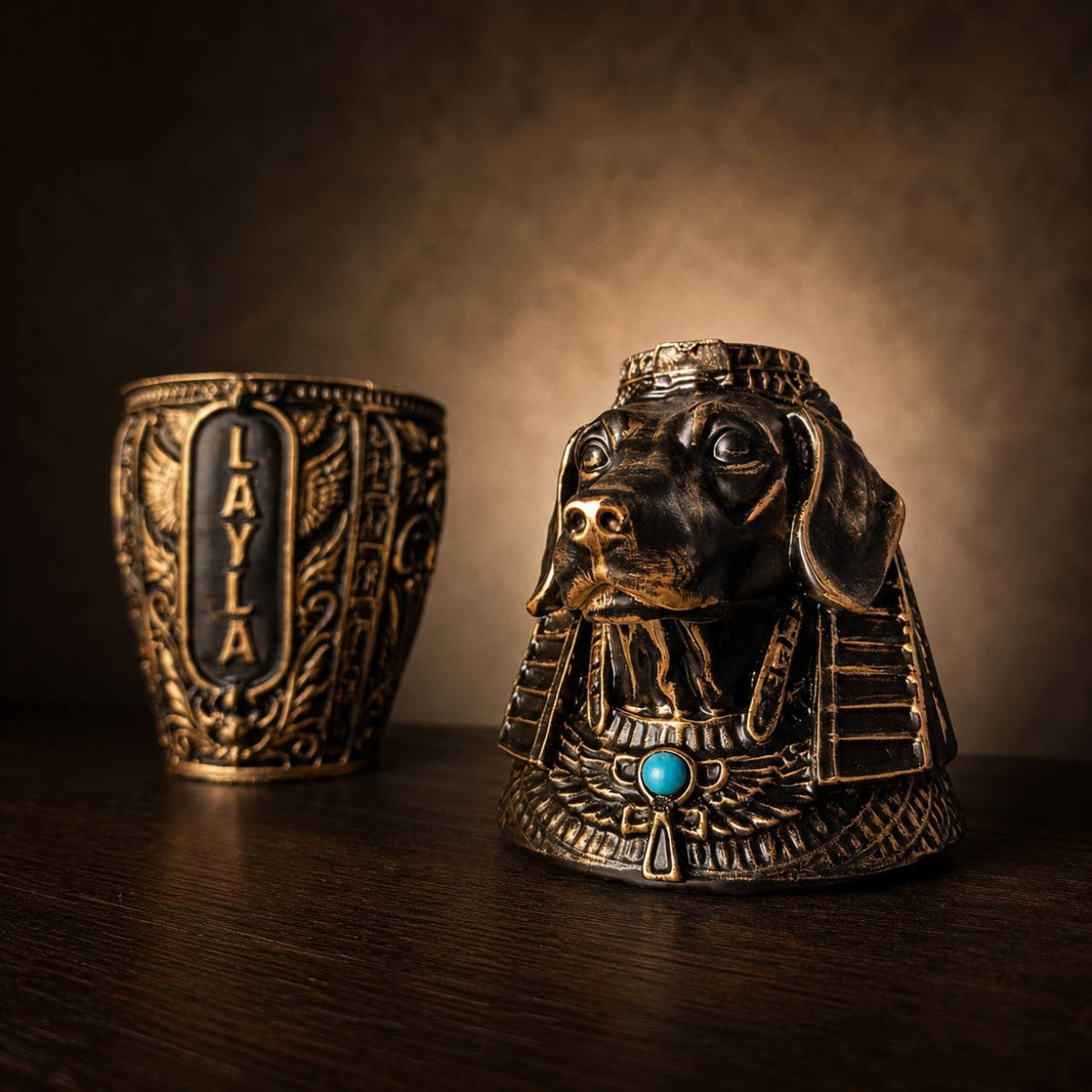 Sculpted dog head lid and urn base shown side by side