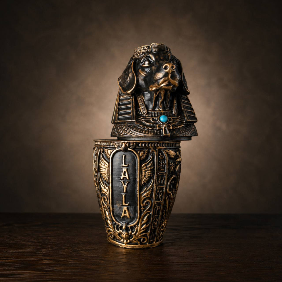 Front view of cast stone canopic pet urn with personalised name panel