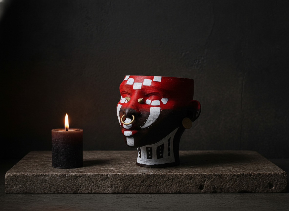 Ashanti Warrior Head Planter - Red on stone with candle