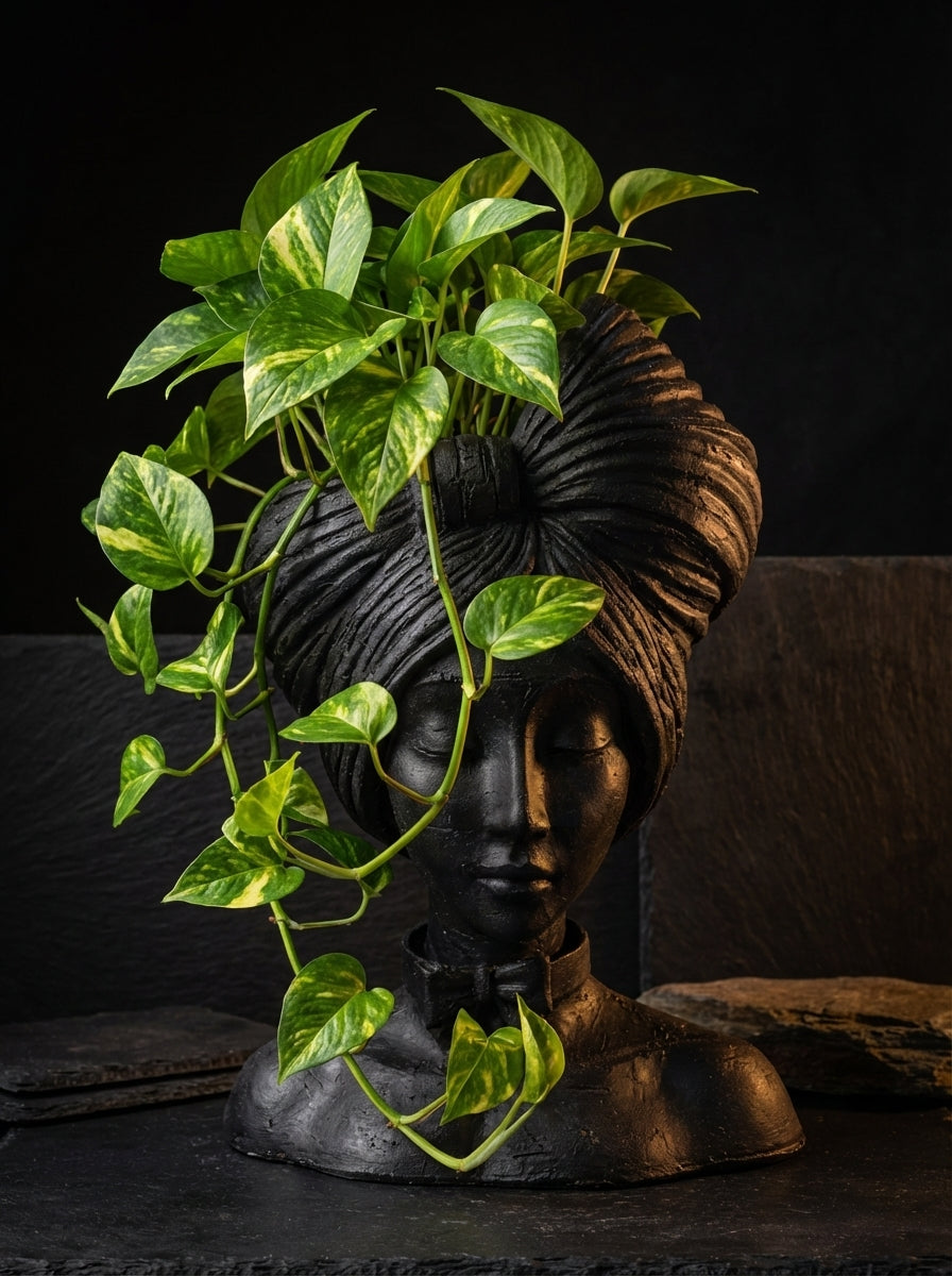 Black woman head planter with pothos