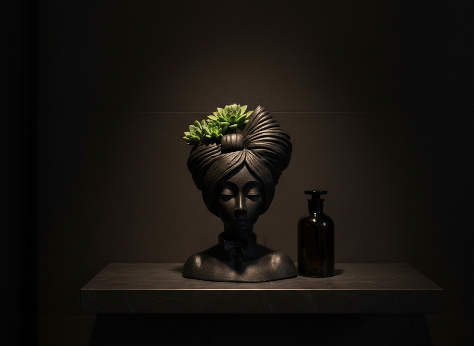 Black woman head planter in bathroom